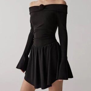 Commense Off-Shoulder Rosette Long Sleeve Mini Dress in Black